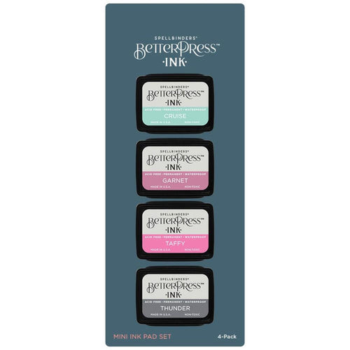 Spellbinders - BetterPress Letterpress Mini Ink Pad Set - 4/Pkg - Jet Set. Jet Set BetterPress Ink Mini Set includes four 1.25 x 1.75-inch ink pads in colors of Garnet, Taffy, Cruise, and Thunder for rich, vibrant hues reminiscent of summer vacations. Available at Embellish Away located in Bowmanville Ontario Canada.