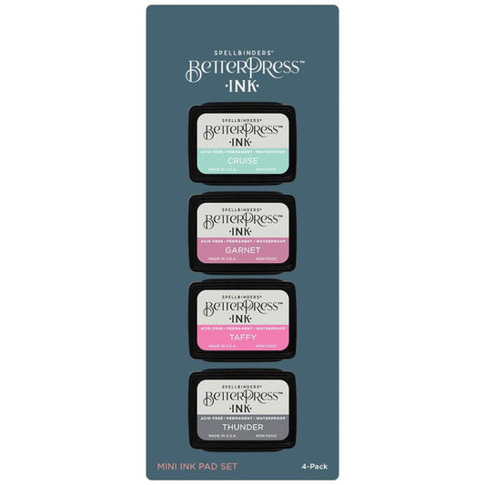 Spellbinders - BetterPress Letterpress Mini Ink Pad Set - 4/Pkg - Jet Set. Jet Set BetterPress Ink Mini Set includes four 1.25 x 1.75-inch ink pads in colors of Garnet, Taffy, Cruise, and Thunder for rich, vibrant hues reminiscent of summer vacations. Available at Embellish Away located in Bowmanville Ontario Canada.
