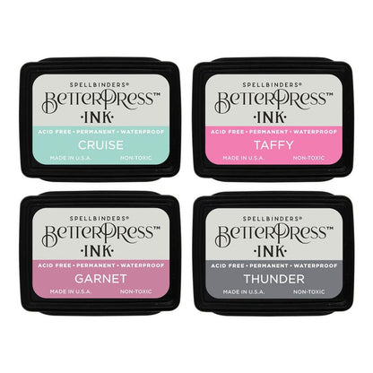Spellbinders - BetterPress Letterpress Mini Ink Pad Set - 4/Pkg - Jet Set. Jet Set BetterPress Ink Mini Set includes four 1.25 x 1.75-inch ink pads in colors of Garnet, Taffy, Cruise, and Thunder for rich, vibrant hues reminiscent of summer vacations. Available at Embellish Away located in Bowmanville Ontario Canada.