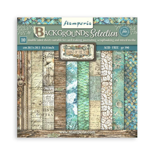 Stamperia - Backgrounds Double-Sided Paper Pad 8"X8" - 10/Pkg - Songs Of The Sea. The perfect start to your scrapbooks, cards and more! This package contains ten 8x8 inch double-sided sheets with a different design on each side. Available at Embellish Away located in Bowmanville Ontario Canada.