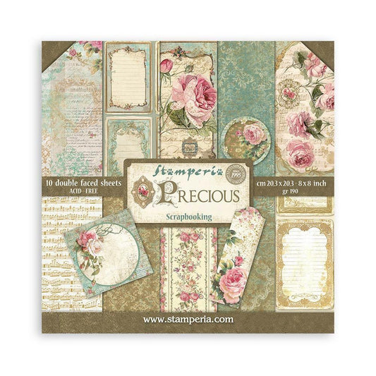Stamperia - Double-Sided Paper Pad 8"X8" - 10/Pkg - Precious, 10 Designs/1 Each. All you need for scrapbooking! This package contains ten 8x8 inch sheets of double-sided paper, each in different designs. Acid free. Available at Embellish Away located in Bowmanville Ontario Canada.