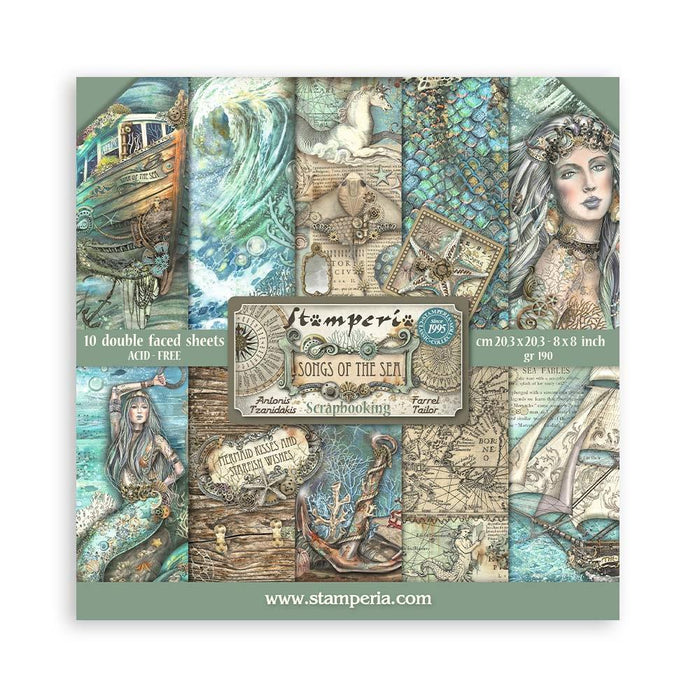 Stamperia - Double-Sided Paper Pad 8"X8" - 10/Pkg - Songs Of The Sea. The perfect start to your scrapbooks, cards and more! This package contains ten 8x8 inch double-sided sheets with a different design on each side. Available at Embellish Away located in Bowmanville Ontario Canada.