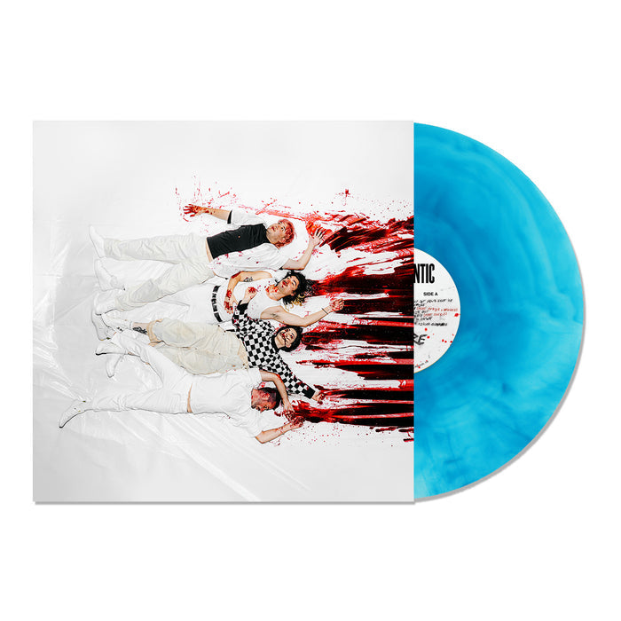 A blue vinyl record by Stand Atlantic with a limited edition cover depicting five people in white clothes lying on a white surface, accented with dramatic red paint splatters.
