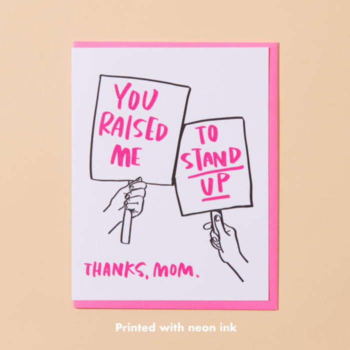 Mother’s Day greeting card with neon pink raised-me and stand-up message, THANKS MOM.