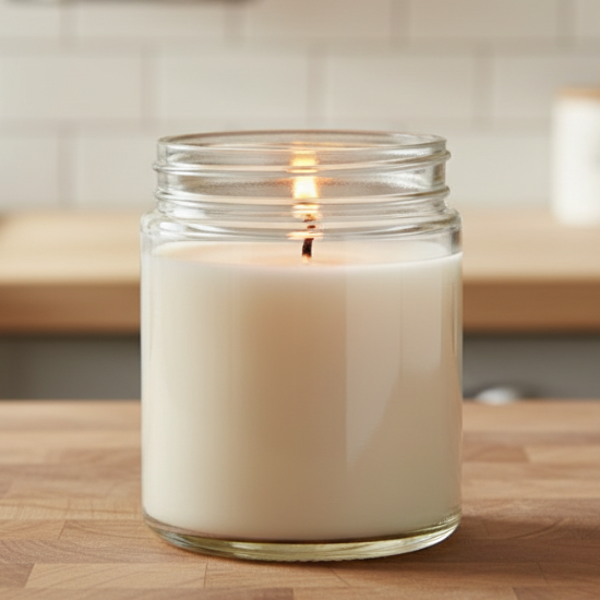 Candle in a glass jar on a wooden surface with a kitchen background