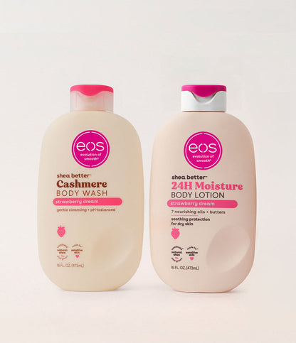 Two eos body products, a body wash and a lotion, on a white background.
