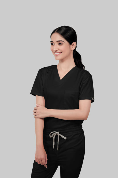 Stretchable (2Way) Women Black V-Neck With Jogger Scrub Set