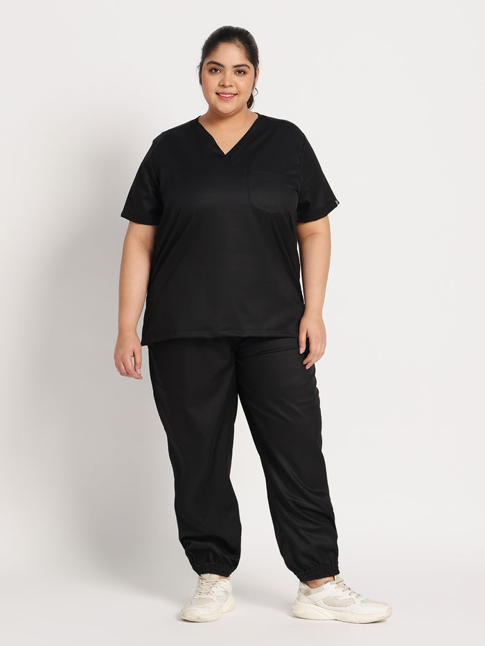 Stretchable (2Way) Women Black V-Neck With Jogger Scrub Set