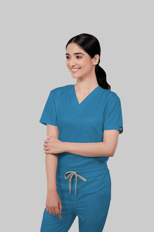 Stretchable (2Way) Women Peacock Blue V-Neck With Jogger Scrub Set