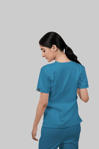 Stretchable (2Way) Women Peacock Blue V-Neck With Jogger Scrub Set