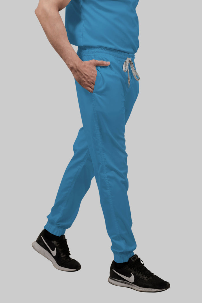 Stretchable (2Way) Women Peacock Blue V-Neck With Jogger Scrub Set