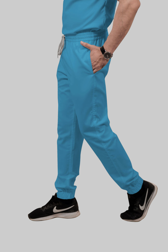 Stretchable (2Way) Women Peacock Blue V-Neck With Jogger Scrub Set