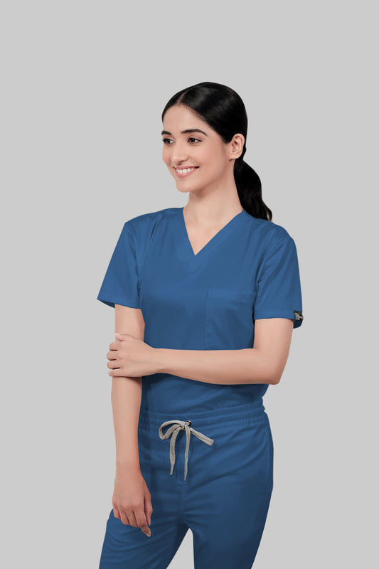 Stretchable (2Way) Women Steel Blue V-Neck With Jogger Scrub Set