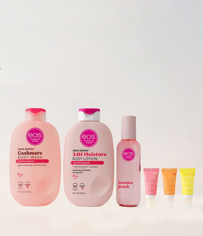 eos skincare products including body wash, lotion, and lip balm on a light gray background