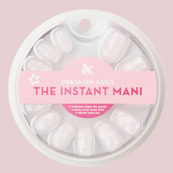 Super Stars - Press-On | Short | Round neutral short round false nails with white star design in circular packaging