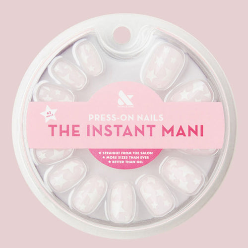 Super Stars - Press-On | Short | Round neutral short round false nails with white star design in circular packaging
