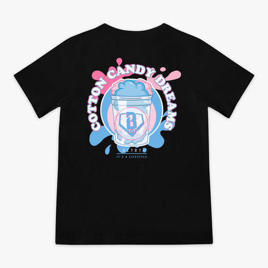 Black t-shirt with a pink, whit and blue cotton candy graphic design with 'Cotton Candy Dreaming BL101' text on a white background
