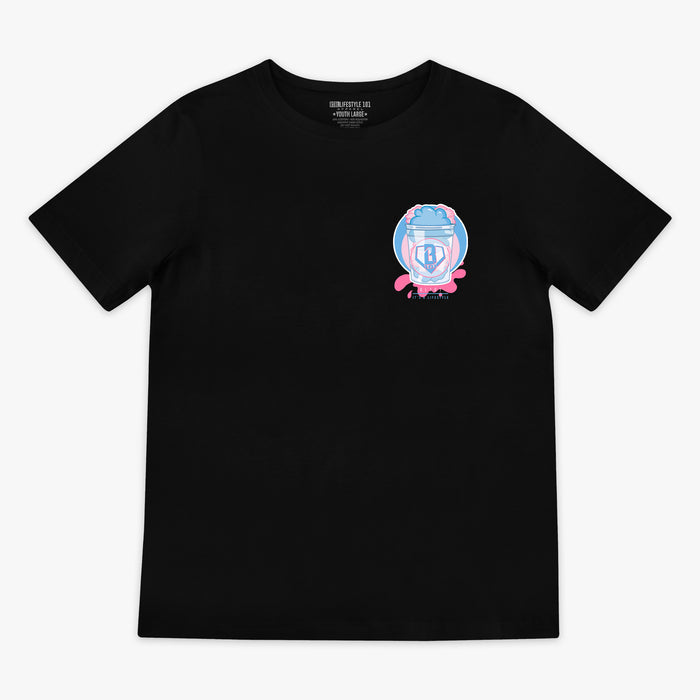 Black t-shirt with a cotton candy BL101 logo on a white background
