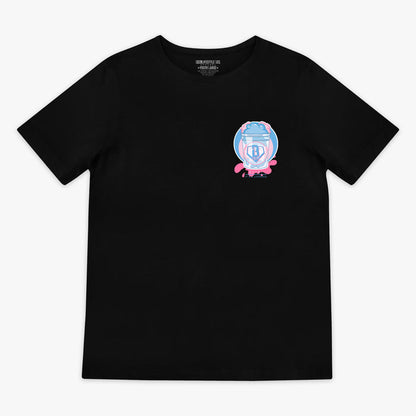 Black t-shirt with a cotton candy BL101 logo on a white background
