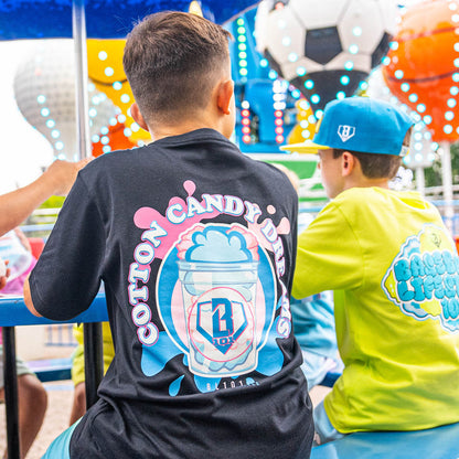 Child wearing a black t- shirt with cotton candy BL101 design
