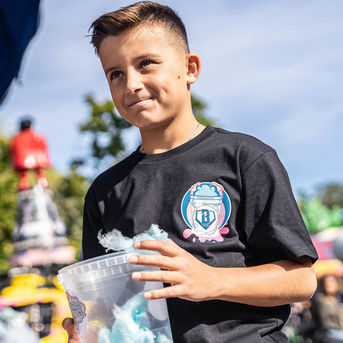 Child holding a container of cotton candy in a black t shirt with a cotton candy BL101 design
