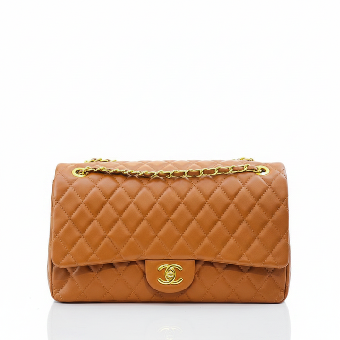 Tan Caramel Double Flap Quilted Bag