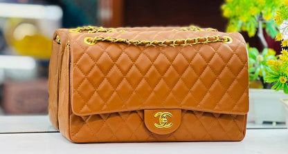 Tan Channel Big Size Double Flap Quilted Bag