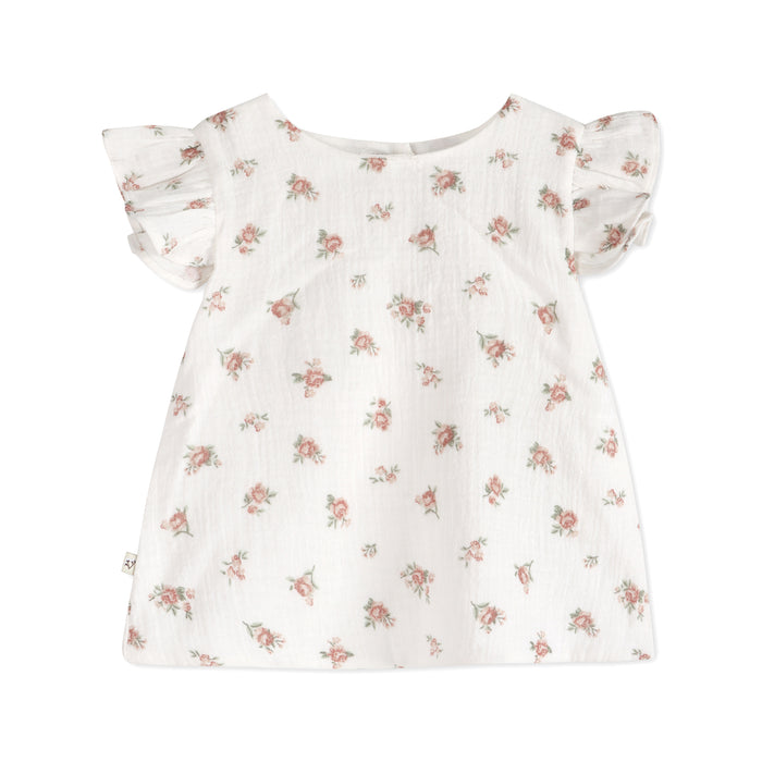 Tea Rose Floral Ruffle Sleeve Baby Top Front (Organic)