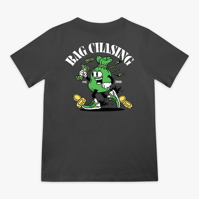 Black t-shirt with a graphic design of a green bag chasing money and 'Bag Chasing' text on a white background