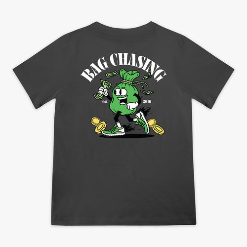 Black t-shirt with a graphic design of a green bag chasing money and 'Bag Chasing' text on a white background