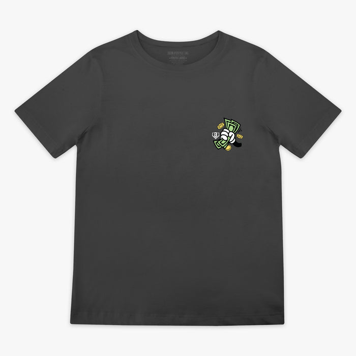 Black t-shirt with a small hand holding money graphic on the chest against a white background