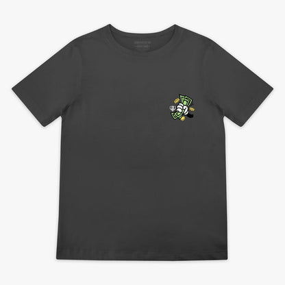 Black t-shirt with a small hand holding money graphic on the chest against a white background