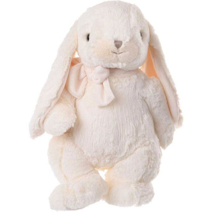 Cream plush rabbit with floppy ears and stitched face, soft body holding paws