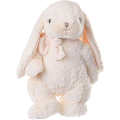 Cream plush rabbit with floppy ears and stitched face, soft body holding paws