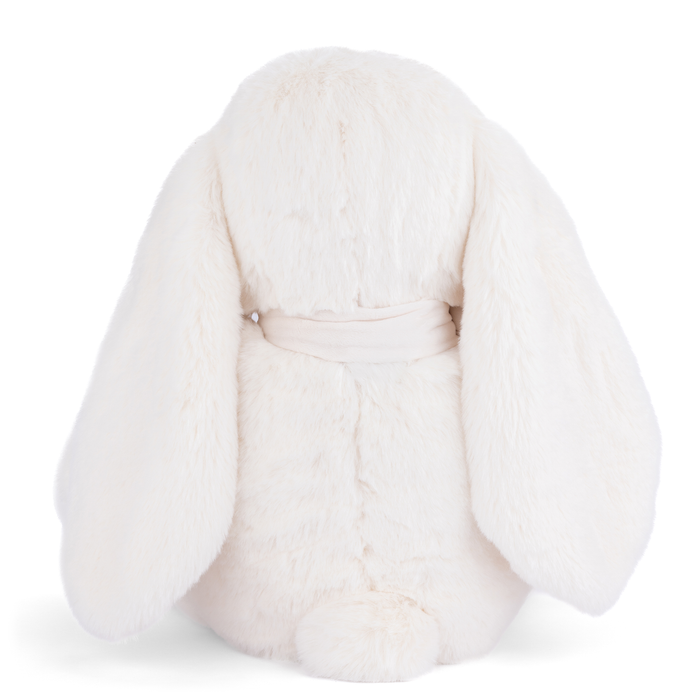 Cream plush rabbit back view with floppy ears and wrapped waist sash