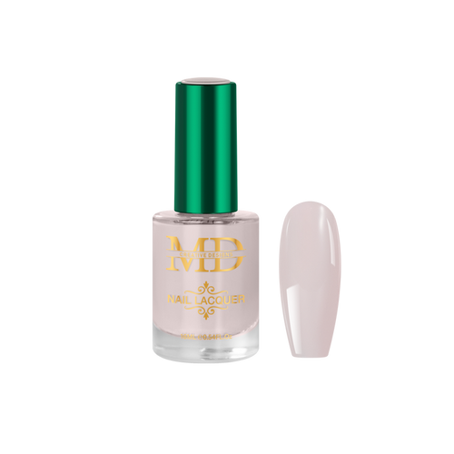 Nail polish bottle with green cap and gold text on a white background