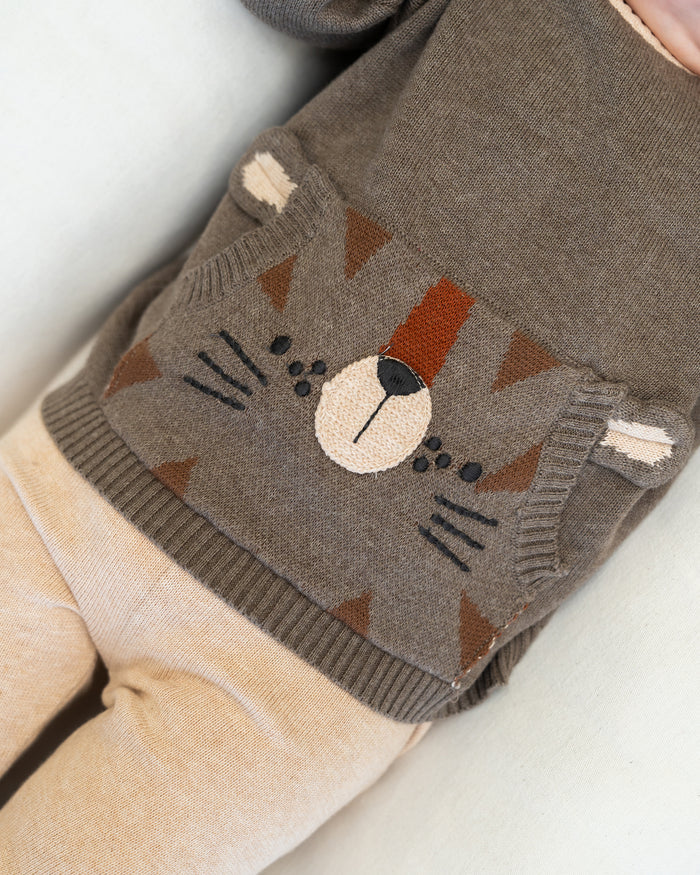 Tiger Kangaroo Pocket Baby Knit Pullover & Pant Set (Organic Cotton)