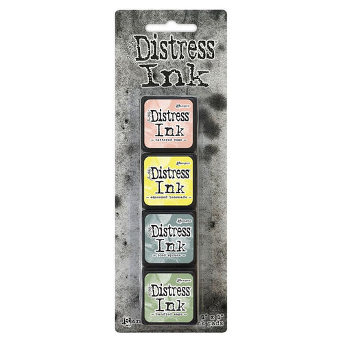 Ranger - Tim Holtz Distress Mini Ink Pads 4/Pkg - Kit #10. this package includes the colours: Tattered Rose, Squeezed Lemonade, Iced Spruce, Bundled Sage. Available at Embellish Away located in Bowmanville Ontario Canada.