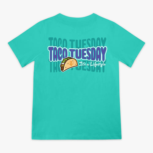Teal t-shirt with a taco graphic and 'Taco Tuesday It's a lifestyle' text