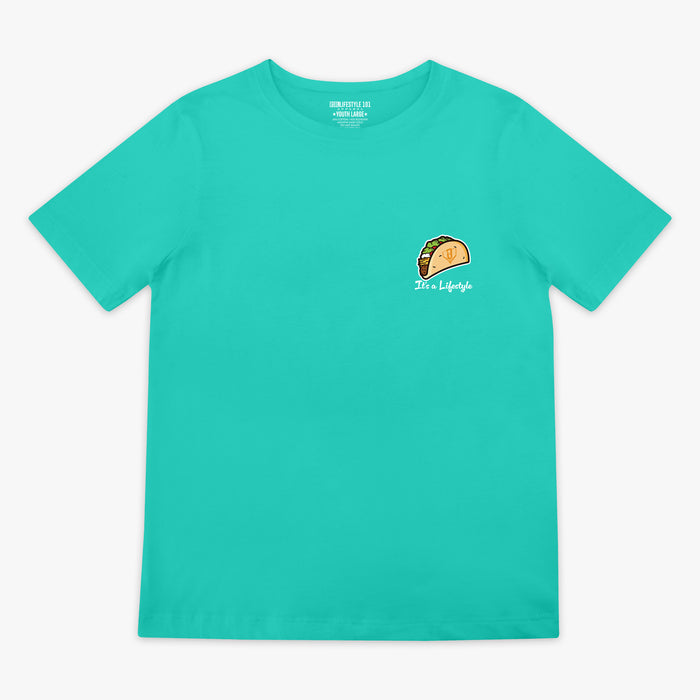 Teal t-shirt with a taco graphic design and 'It's a lifestyle' text