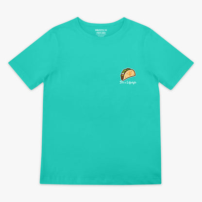 Teal t-shirt with a taco graphic design and 'It's a lifestyle' text