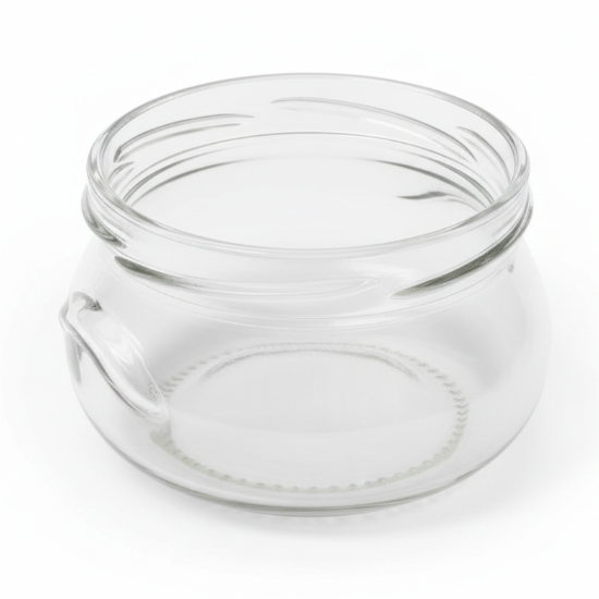 Clear glass jar with a lid on a white background