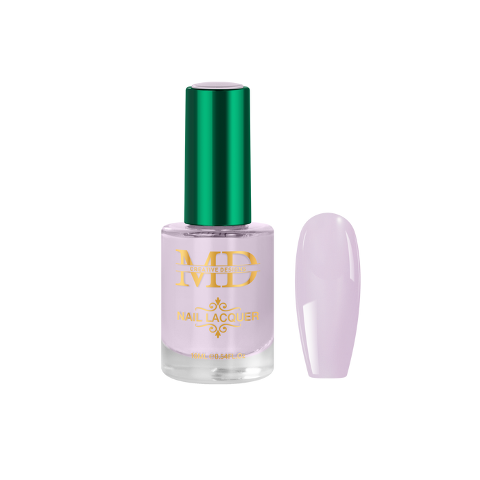 Nail polish bottle with green cap and gold text on a white background