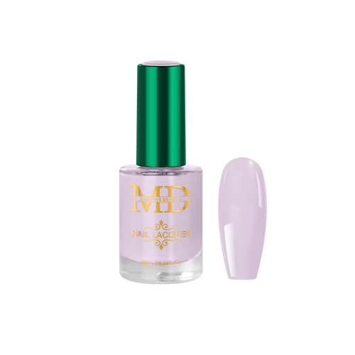 Nail polish bottle with green cap and gold text on a white background