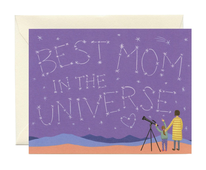 Universe Mom greeting card with purple space design, stars, and telescope illustration