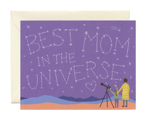 Universe Mom greeting card with purple space design, stars, and telescope illustration