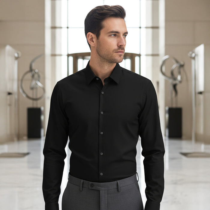 Valuetainment Men's Black Tencel Long Sleeve Button Down Shirt (Classic Fit)
