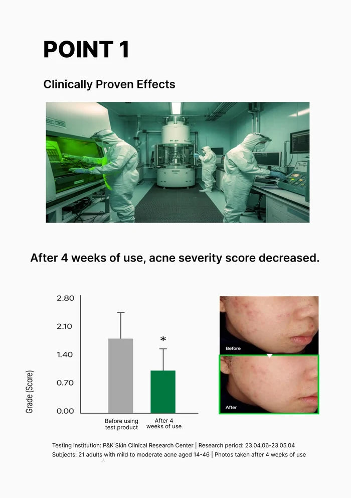 Advertisement for a skincare product showing clinical testing in a lab and before-and-after results.