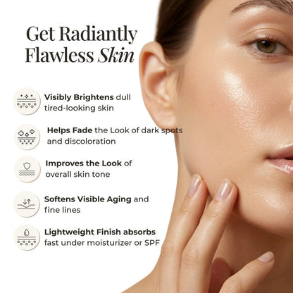 Advertisement for skin care product with a close-up of a person's face and text highlighting skin benefits.