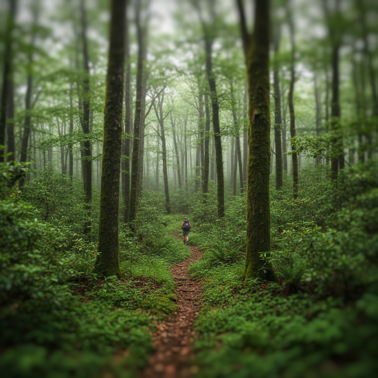 Person hiking through a dense forest with foggy atmosphere